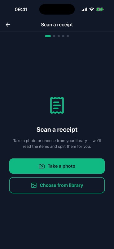 Stash's 'Scan a receipt' screen with options to take a photo or choose one from your library.